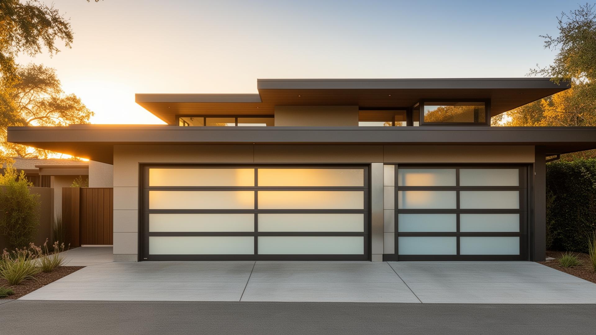 Modern sleek steel garage doors with frosted glass panels on mid-century modern home in Springdale, WA